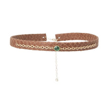 Brown Leather Choker with Emerald Accent Chain