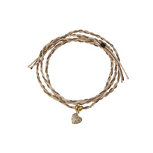 Two brown tone string bracelet with diamond encrusted heart