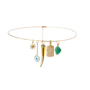 Thin Gold Choker with Diamond and Precious Stone Charms