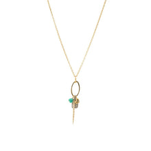 Long Necklace with Emerald, Diamond Encrusted Plate and Heart Charm