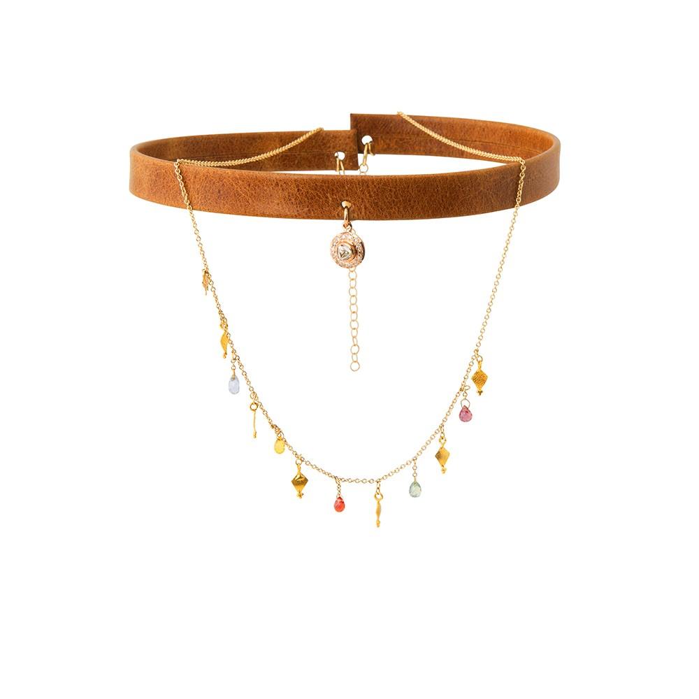 Caramel Brown Leather Choker with Cascading Chain and Diamond Charm