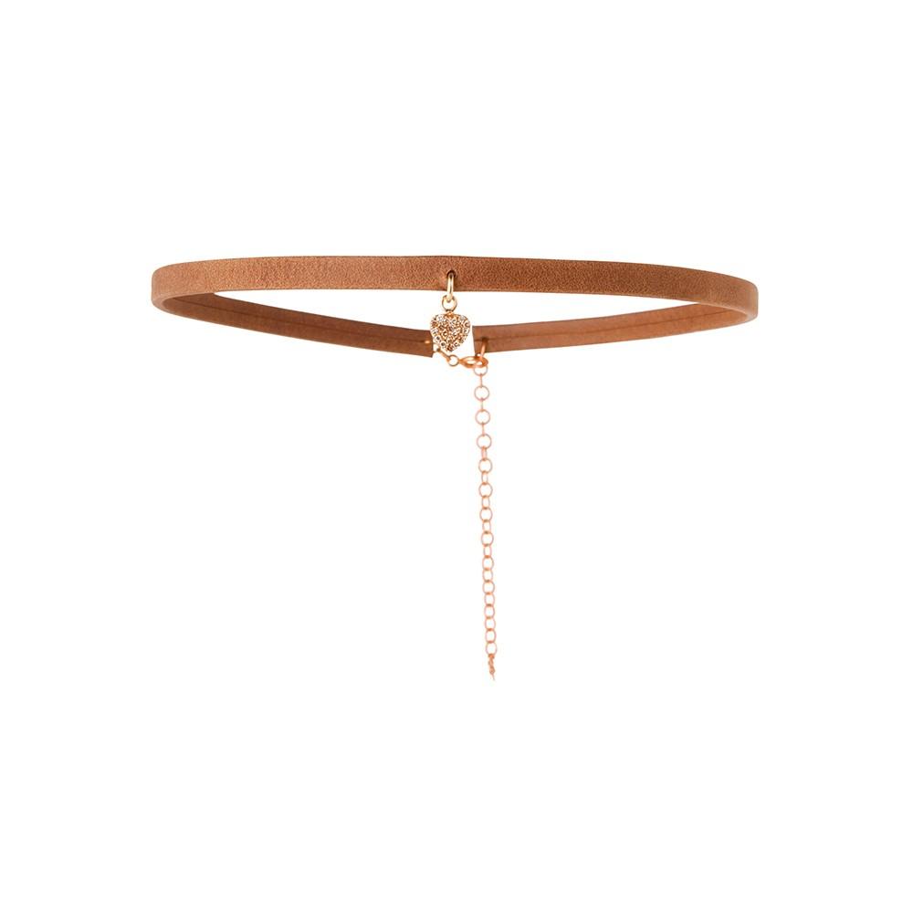 Caramel Leather Choker with Diamond Encrusted Heart Charm