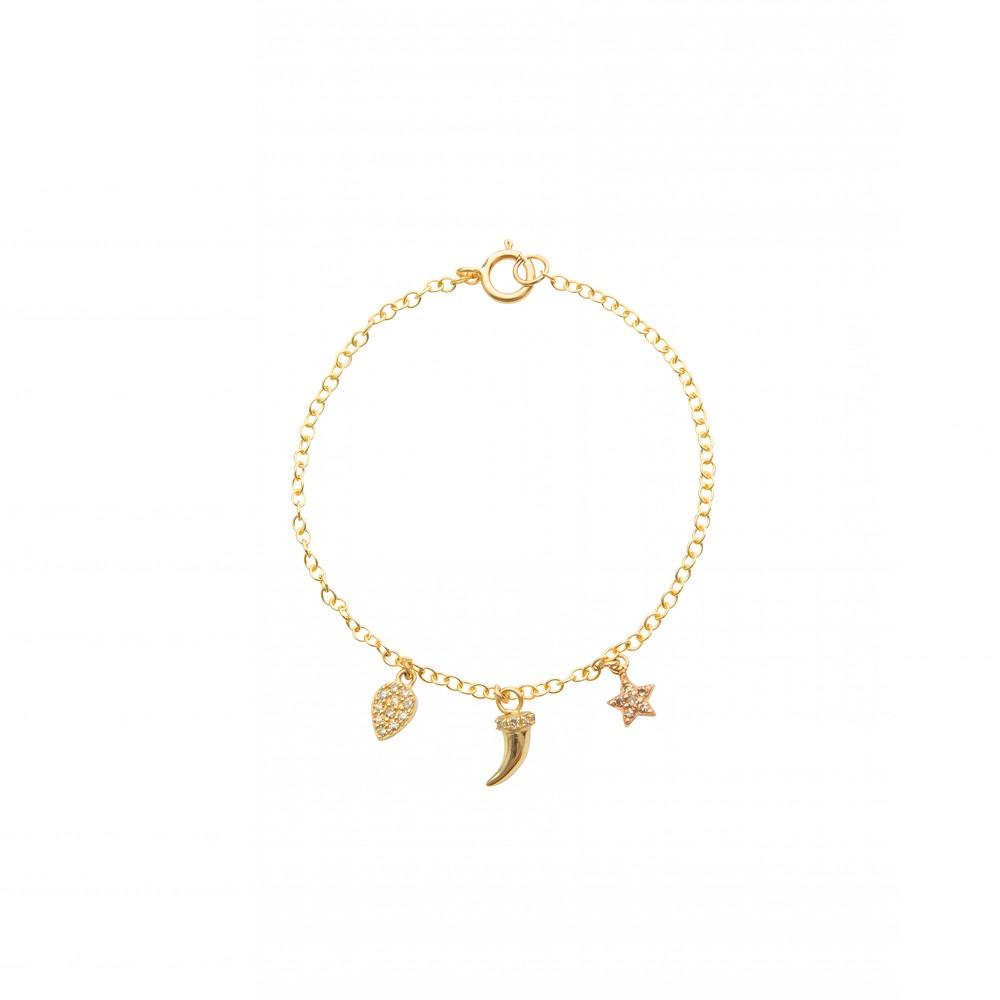 Gold Bracelet with Diamond Drop, Horn and Heart Charms