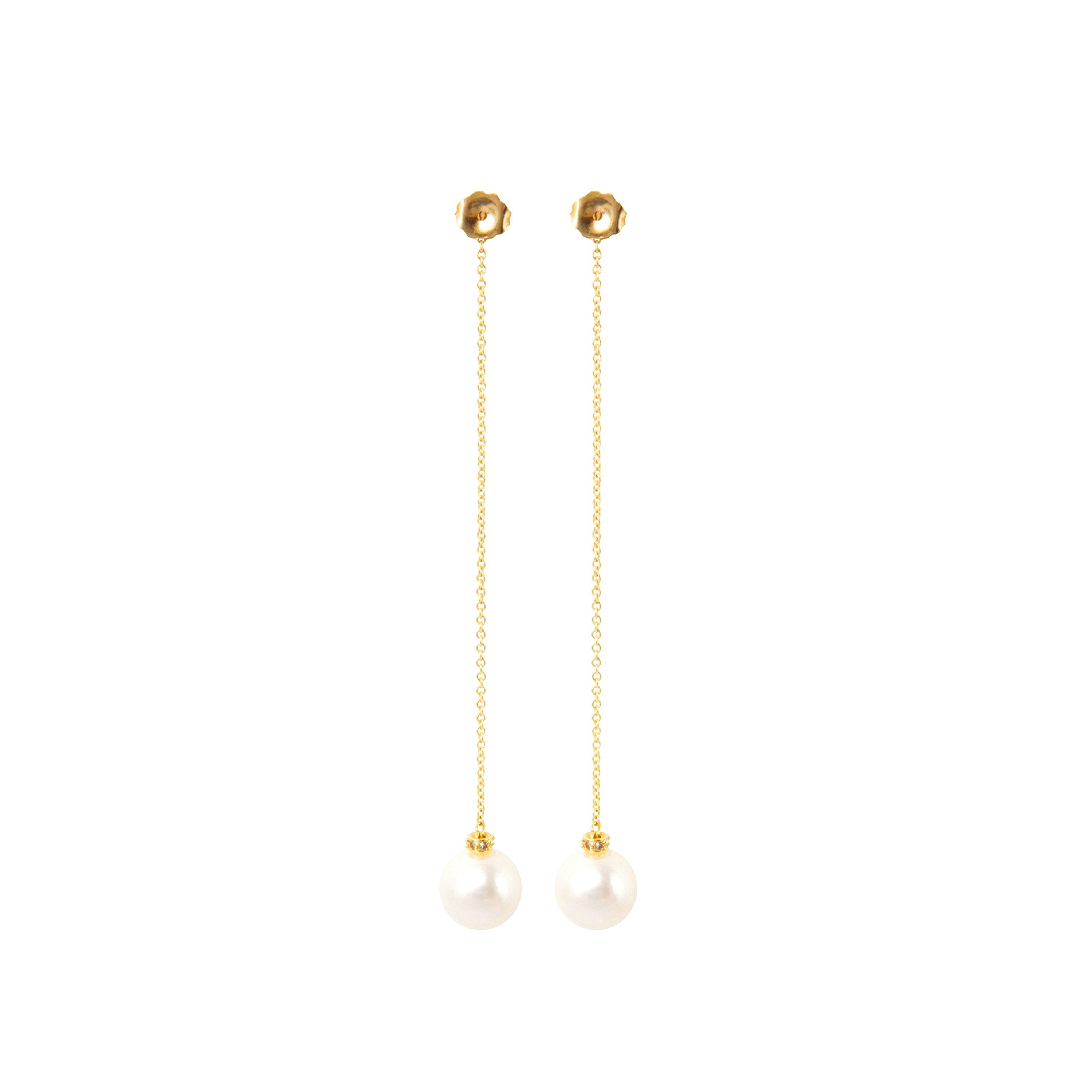 Long Drop Pearl Earrings with Leaf Stud Details