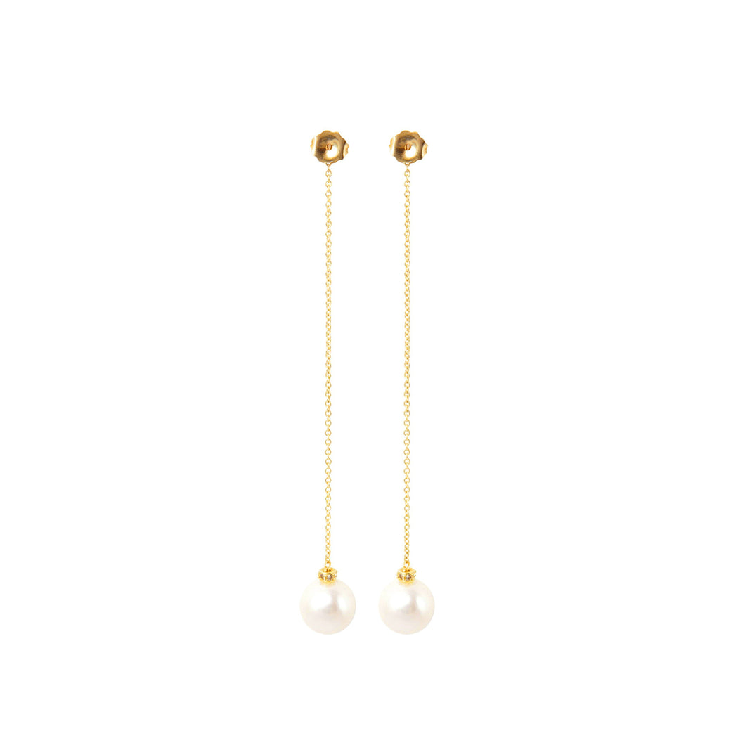 Long Drop Pearl Earrings with Leaf Stud Details
