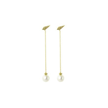 Long Drop Pearl Earrings with Leaf Stud Details