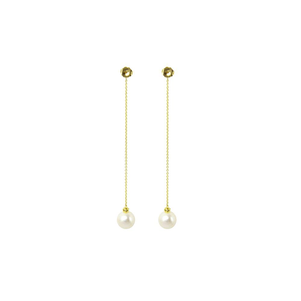 Long Drop Pearl Earrings with Leaf Stud Details