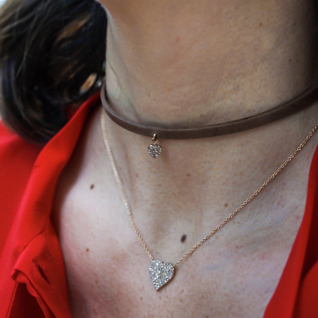 Caramel Leather Choker with Diamond Encrusted Heart Charm