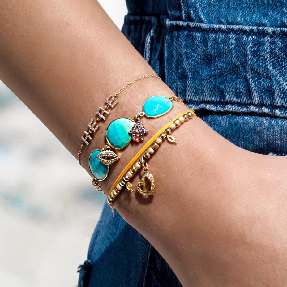 Gold and Turquoise Bracelet with Diamond Encrusted Charms